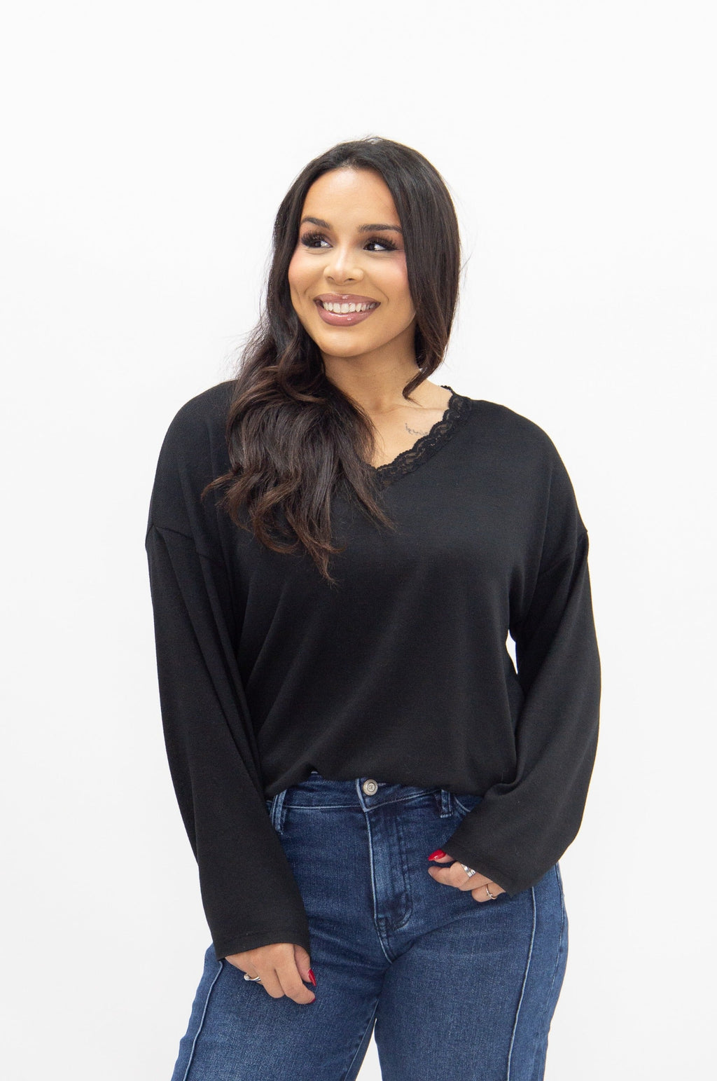 V-Neck Top with Lace Trim, Black — additional view 5