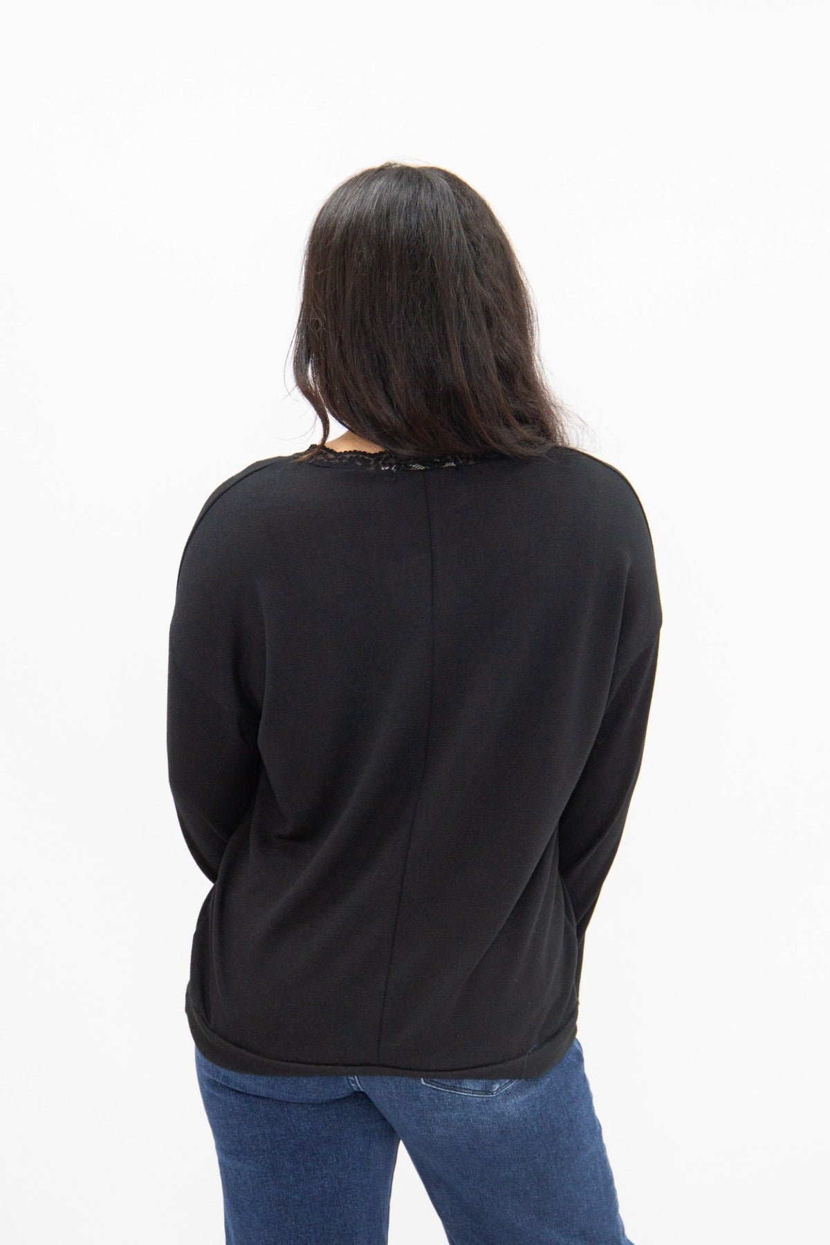 V-Neck Top with Lace Trim, Black — additional view 6