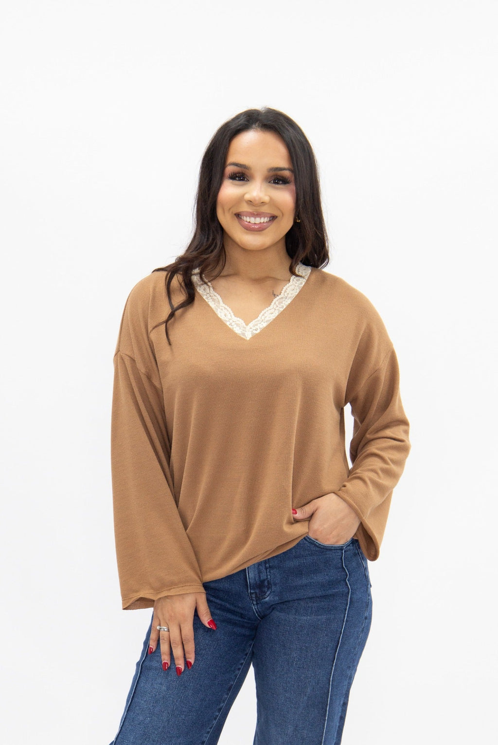 V-Neck Top with Lace Trim, Brown — additional view 4