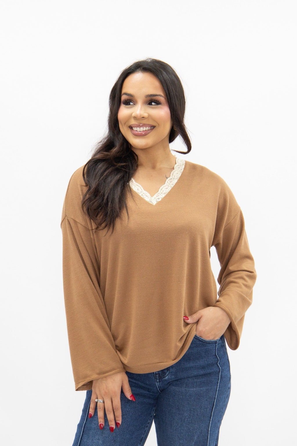 V-Neck Top with Lace Trim, Brown — additional view 5