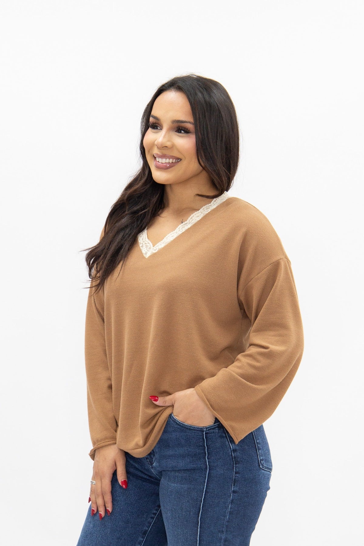 V-Neck Top with Lace Trim, Brown — additional view 6