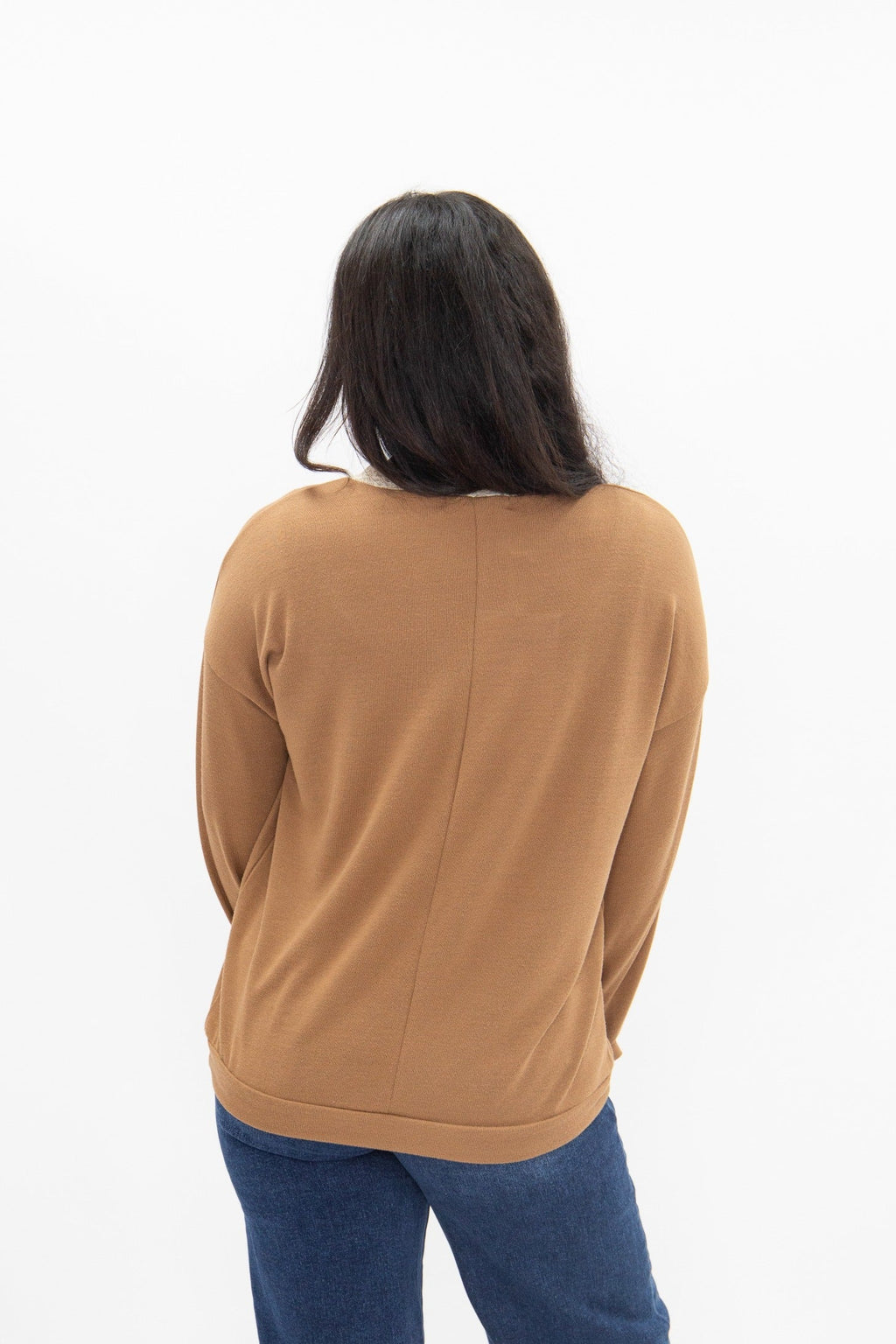V-Neck Top with Lace Trim, Brown — additional view 7