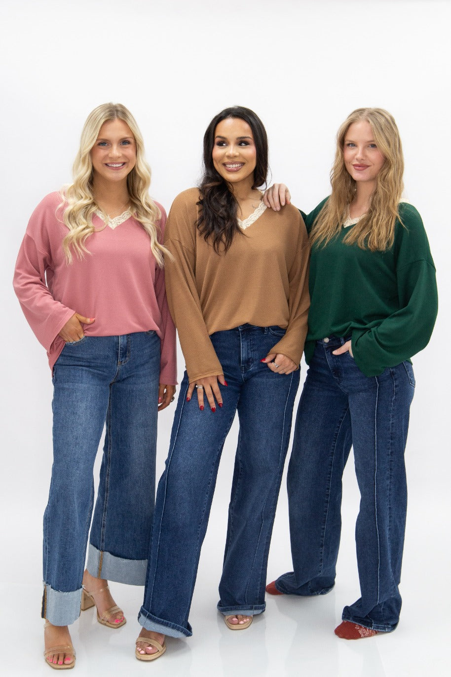 V-Neck Top with Lace Trim, Brown — additional view 8