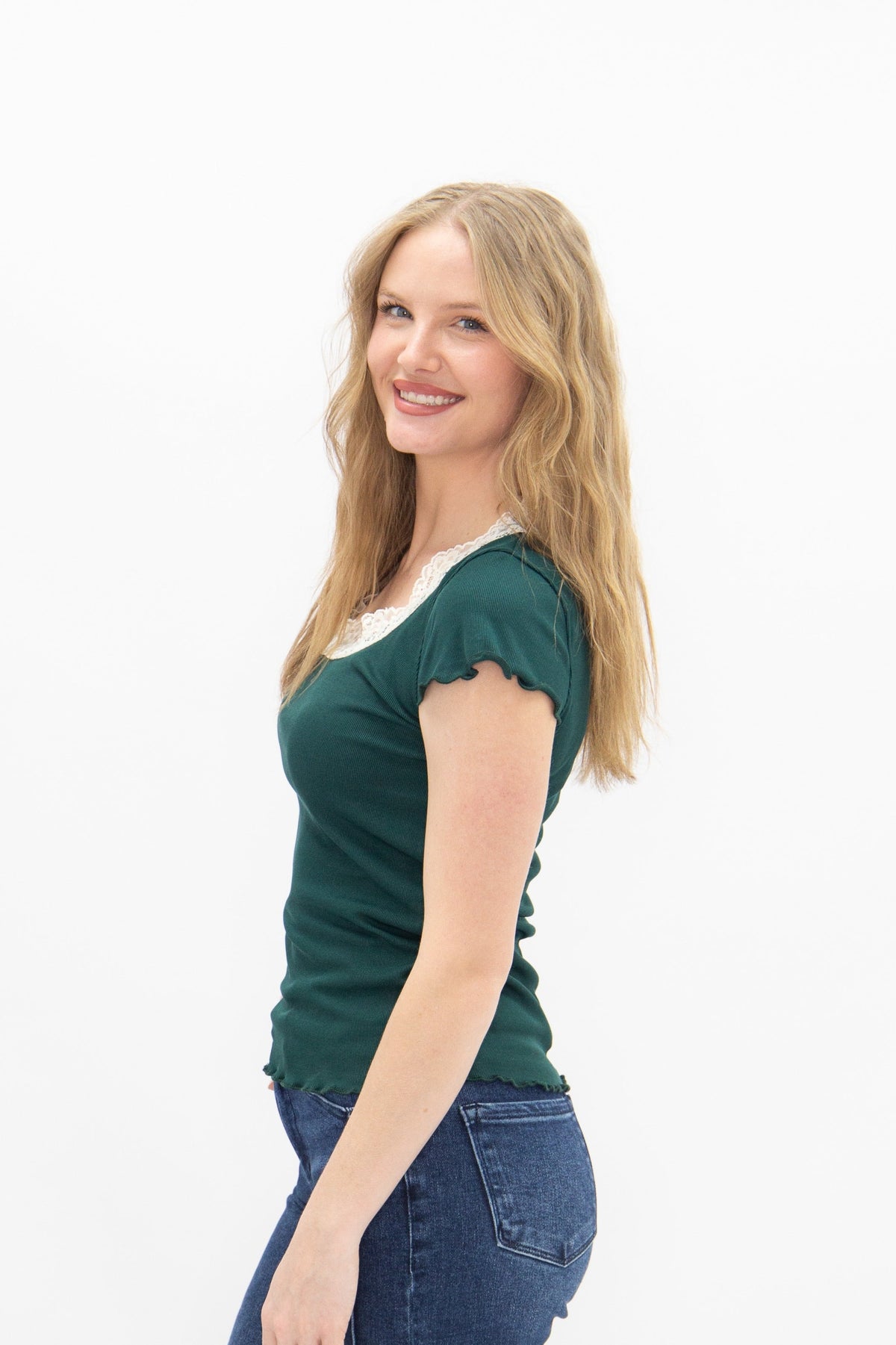 Square Neck Tee with Lace Trim, Forest Green — additional view 6