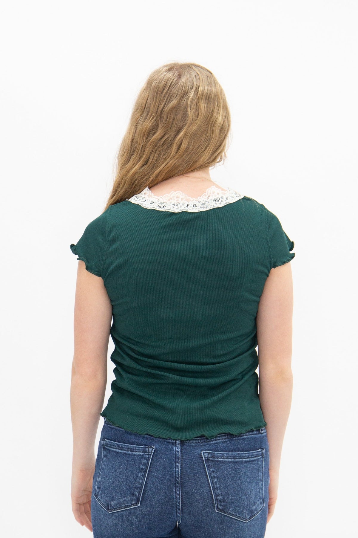 Square Neck Tee with Lace Trim, Forest Green — additional view 7
