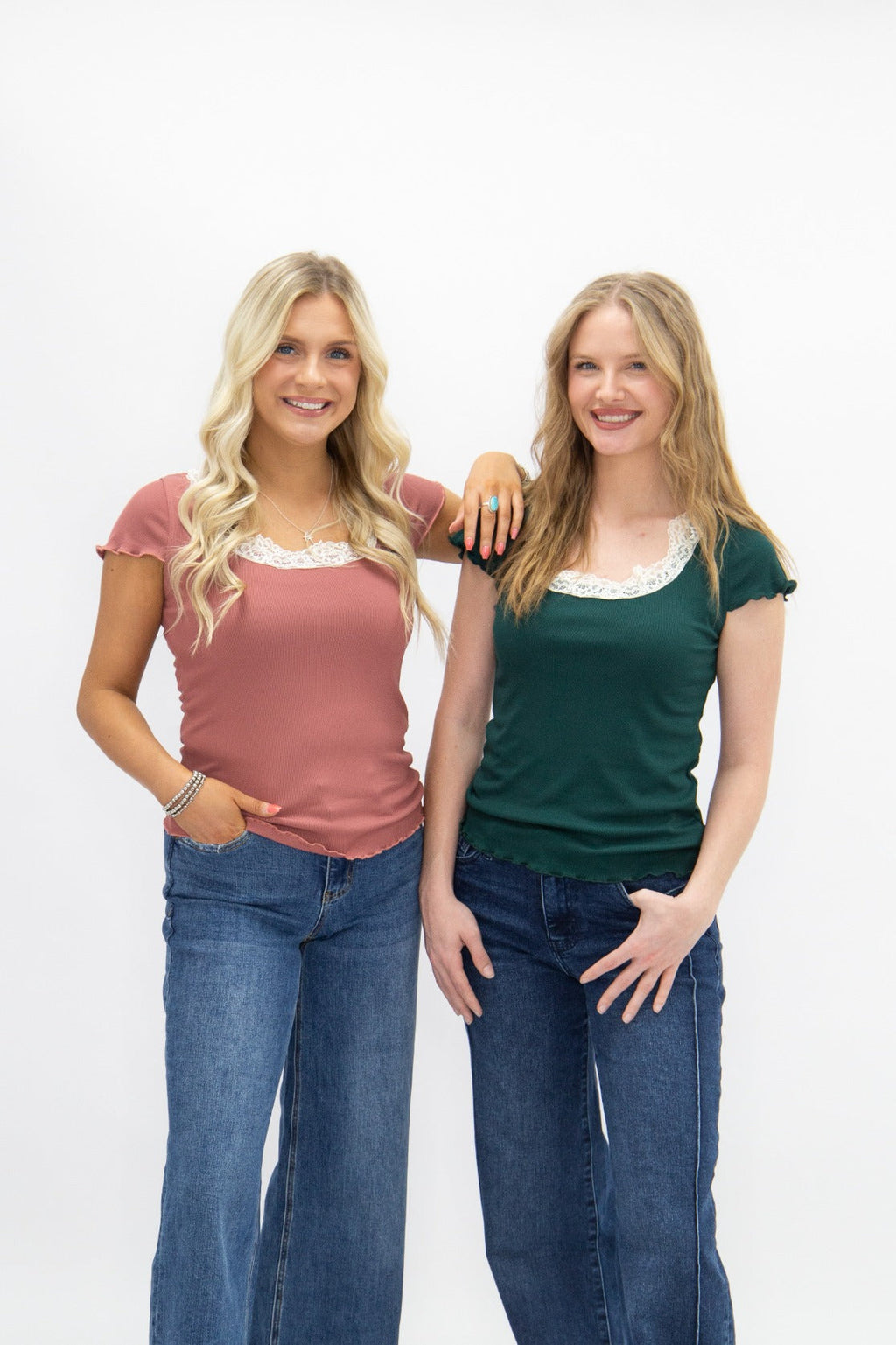 Square Neck Tee with Lace Trim, Forest Green — additional view 8