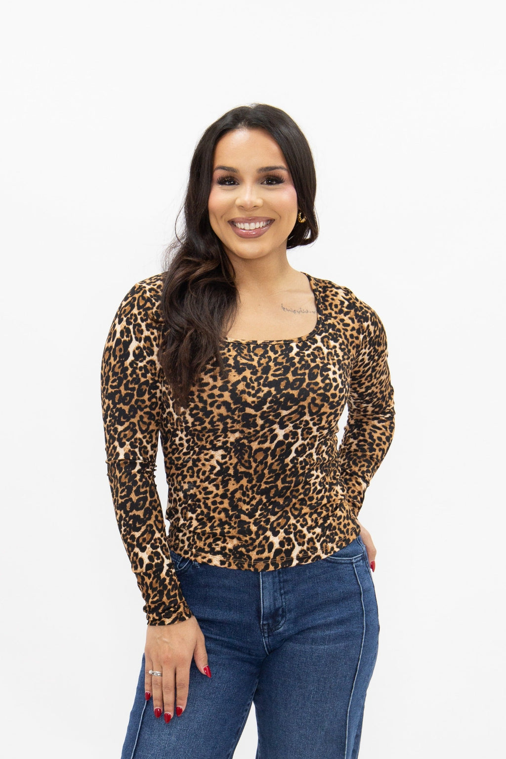 Square Neck Long Sleeve Top, Leopard — additional view 3