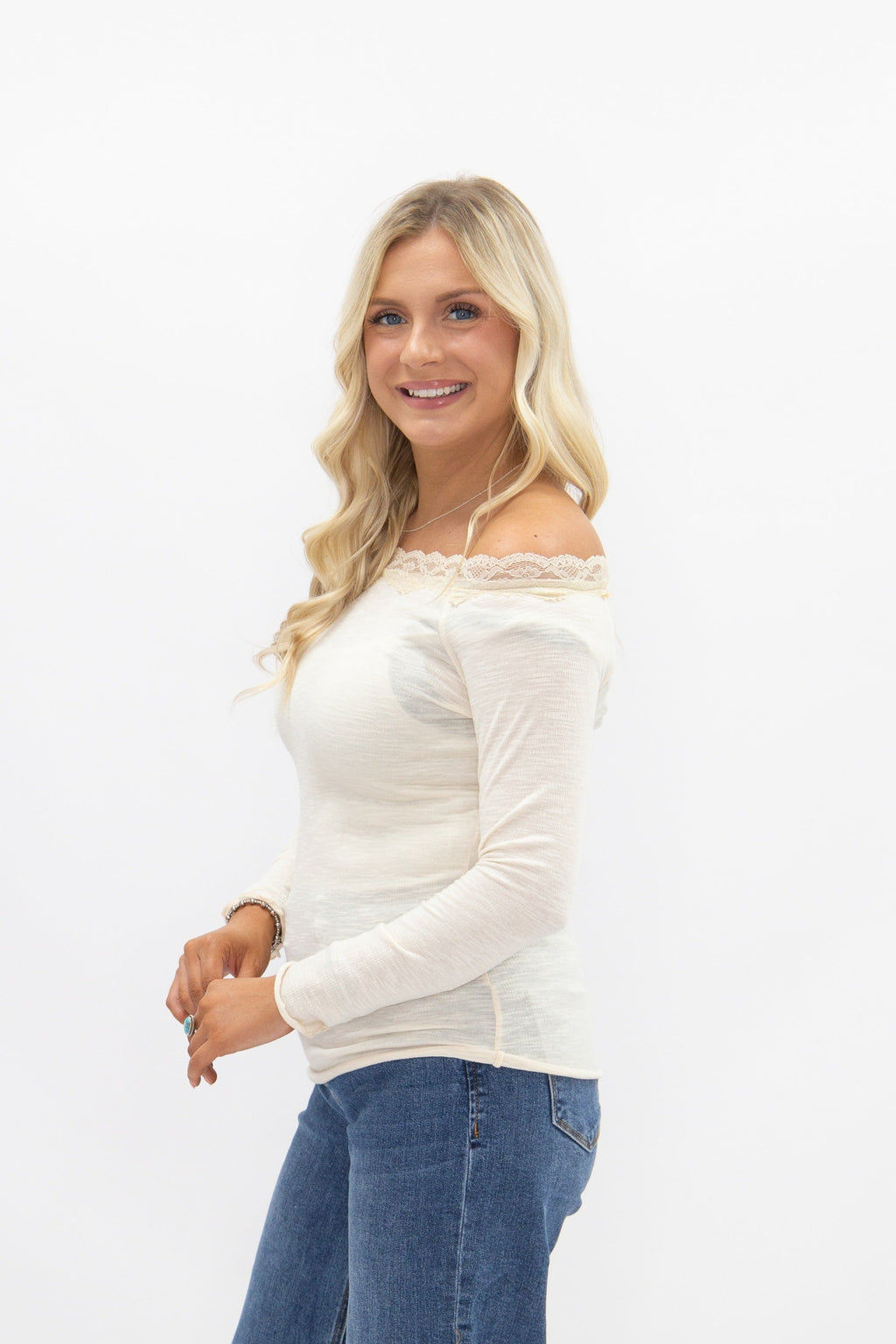 Longsleeve Off-the-Shoulder Top with Lace Trim, Ivory — additional view 4
