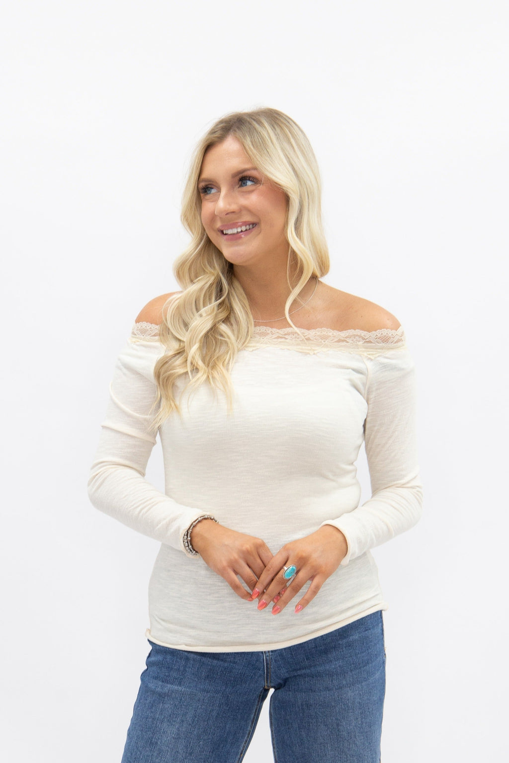 Longsleeve Off-the-Shoulder Top with Lace Trim, Ivory — additional view 5