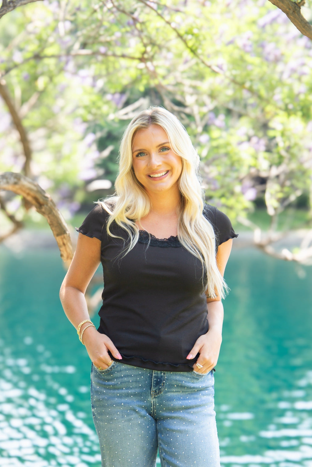 Square Neck Tee with Lace Trim, Black — additional view 2