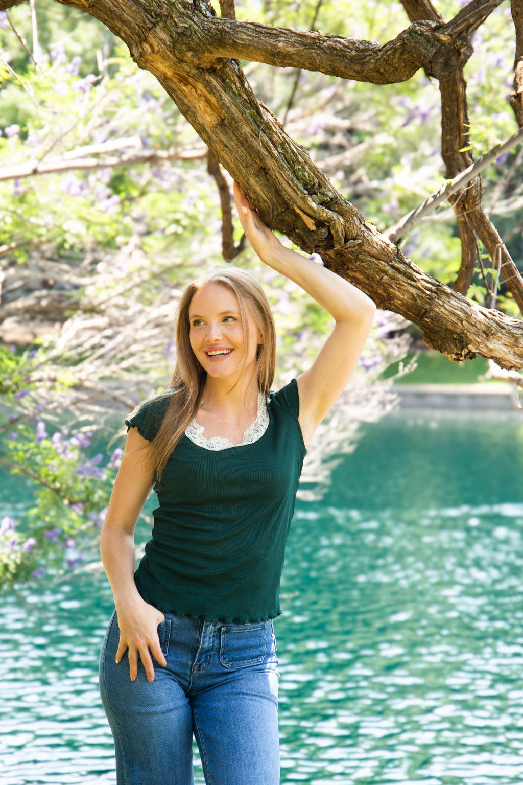 Square Neck Tee with Lace Trim, Forest Green — additional view 2