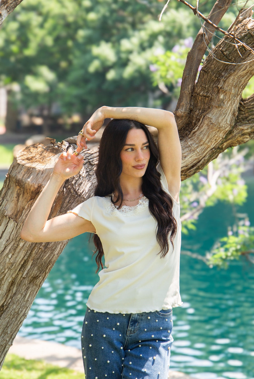 Square Neck Tee with Lace Trim, Ivory — additional view 2