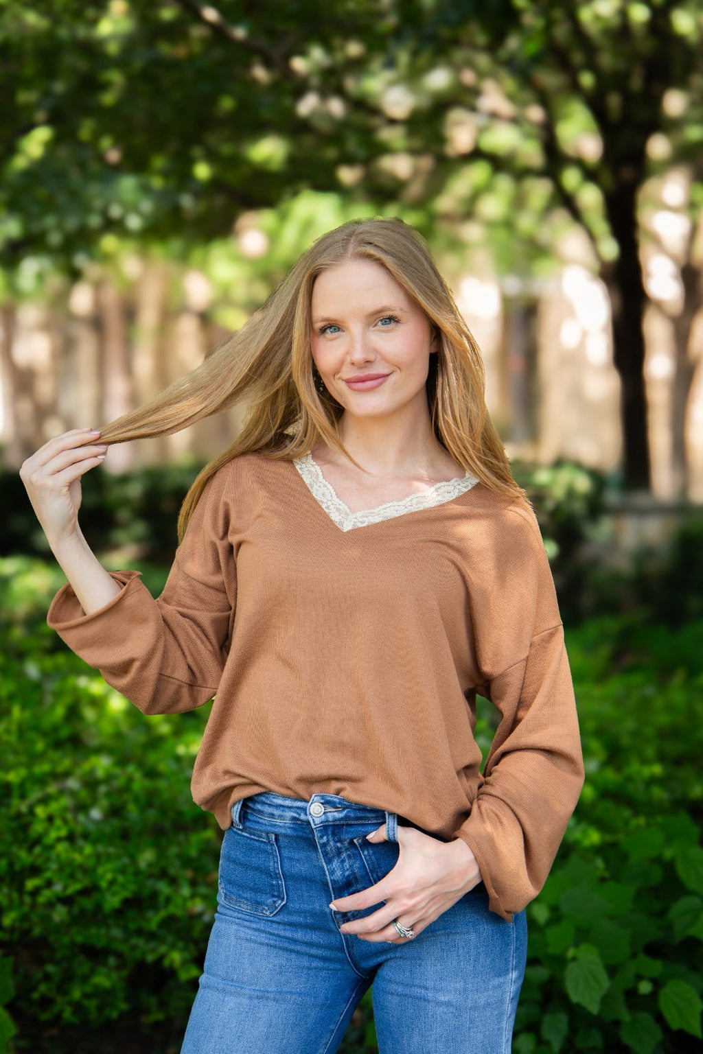 V-Neck Top with Lace Trim, Brown — additional view 2