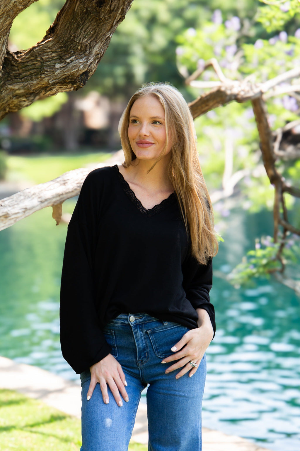 V-Neck Top with Lace Trim, Black — additional view 2