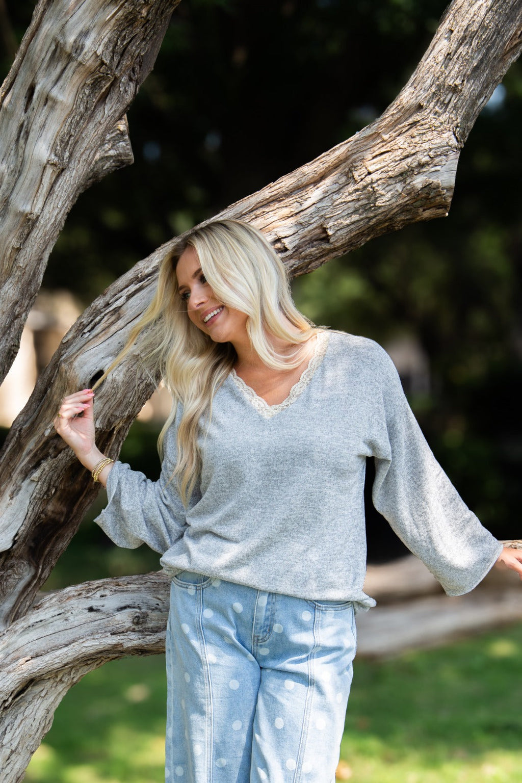 V-Neck Top with Lace Trim, Grey — additional view 2
