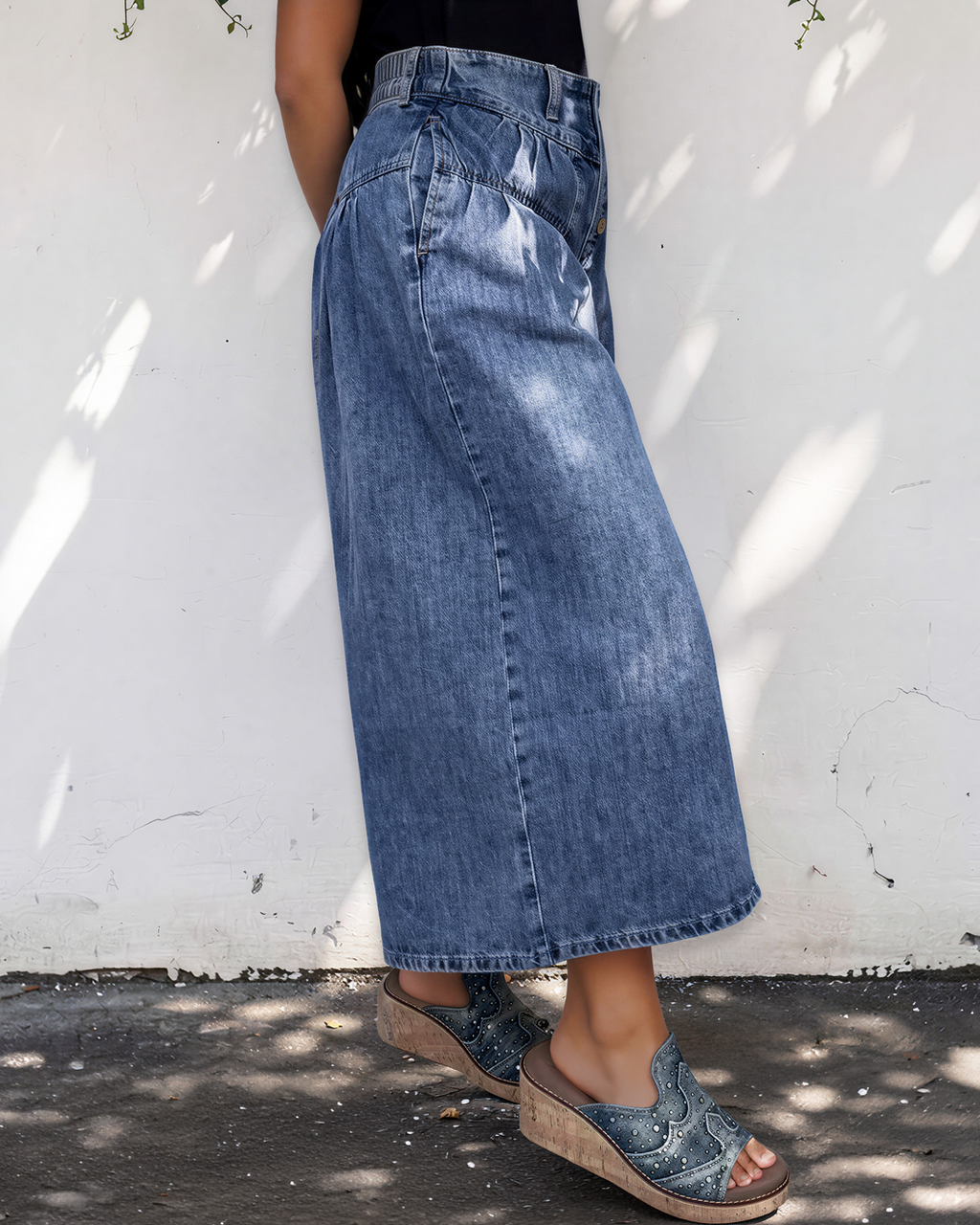 Dallas High Rise Buttons Pleated Cropped Wide Leg Denim Pants — additional view 2