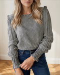 Ava Plaid Ruffle Blouse | Shirred Cuff Cotton Top