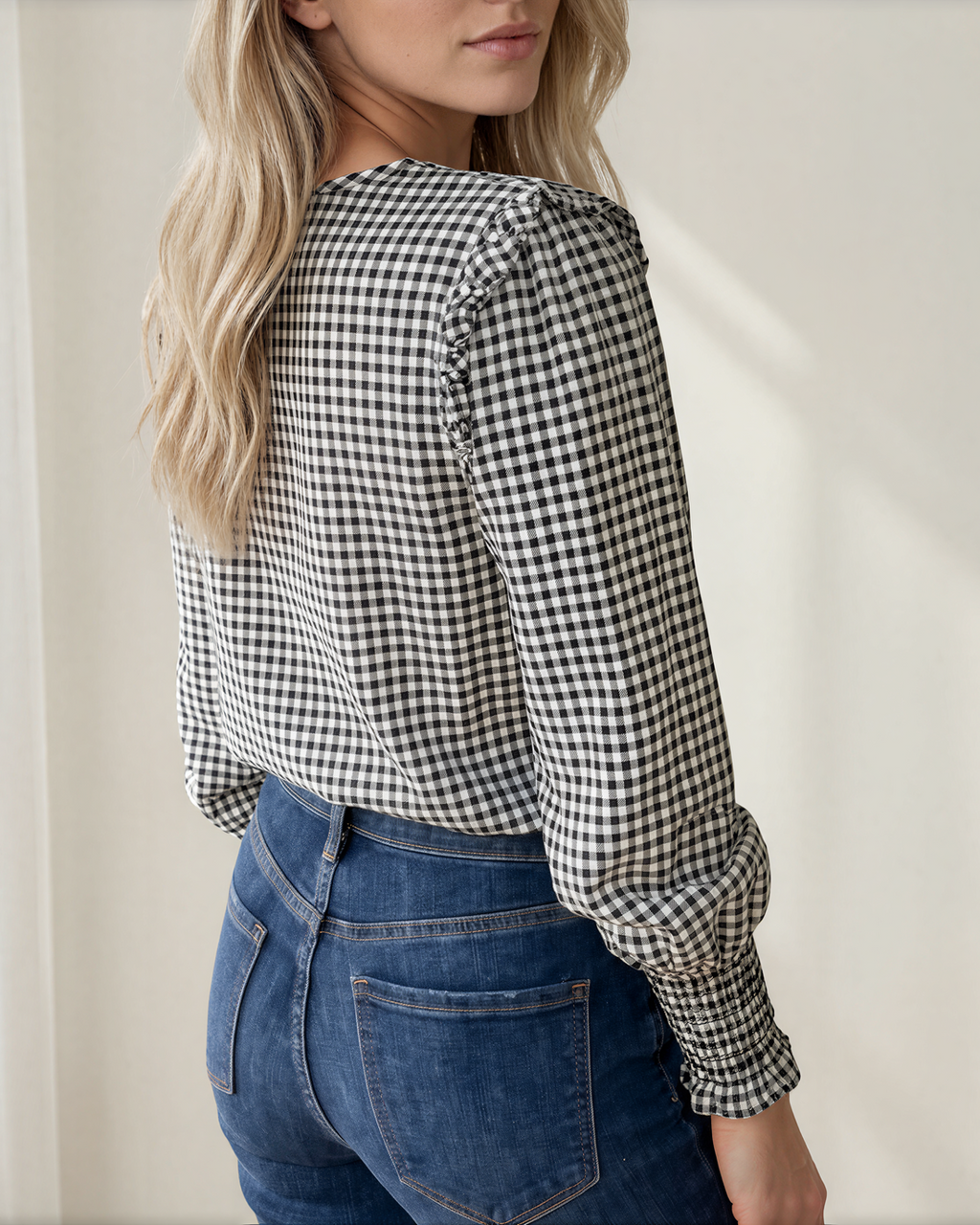 Ava Plaid Ruffle Blouse | Shirred Cuff Cotton Top — additional view 2