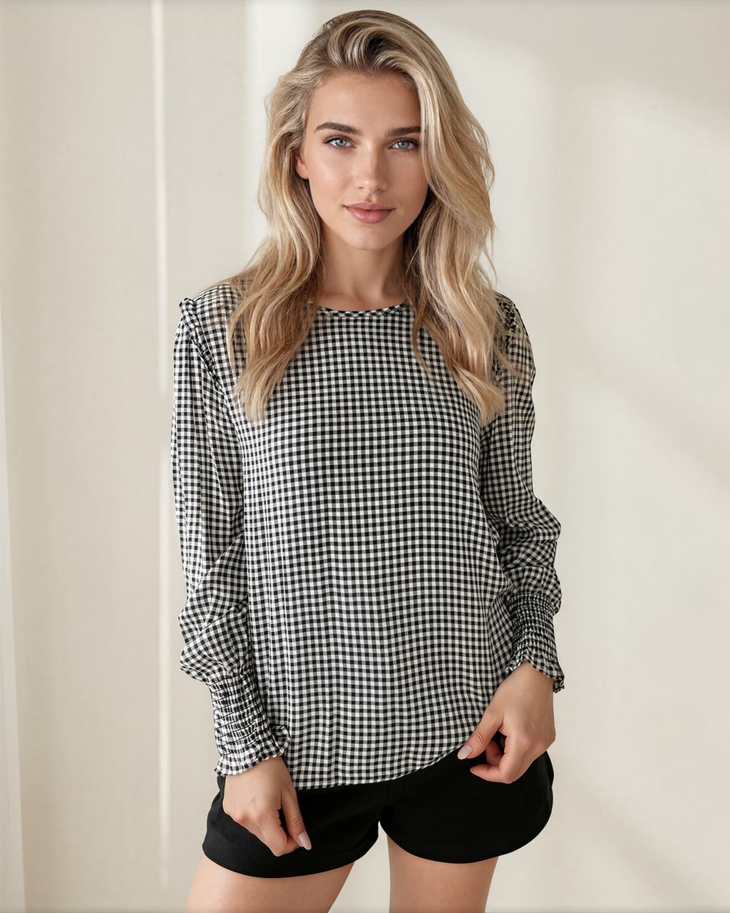 Ava Plaid Ruffle Blouse | Shirred Cuff Cotton Top — additional view 4