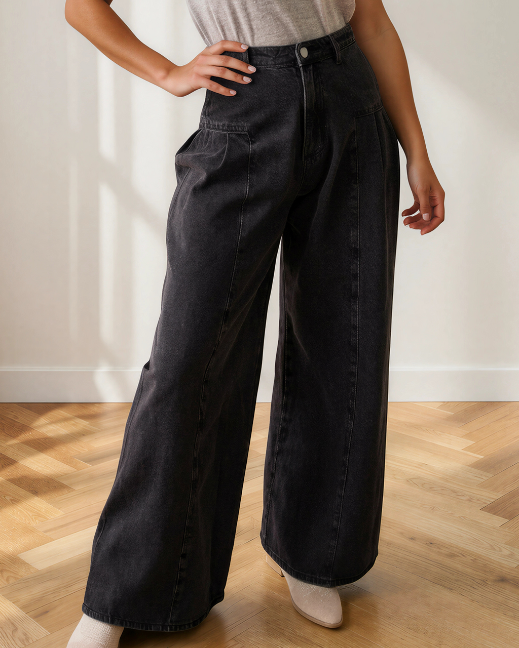 Billie Pleated Wide Leg Mineral Wash Denim Pants — additional view 4