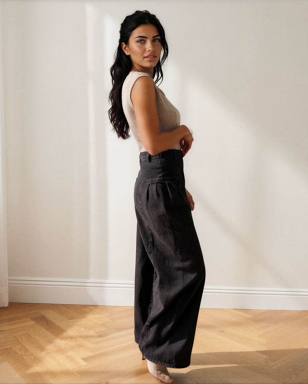 Billie Pleated Wide Leg Mineral Wash Denim Pants — additional view 3