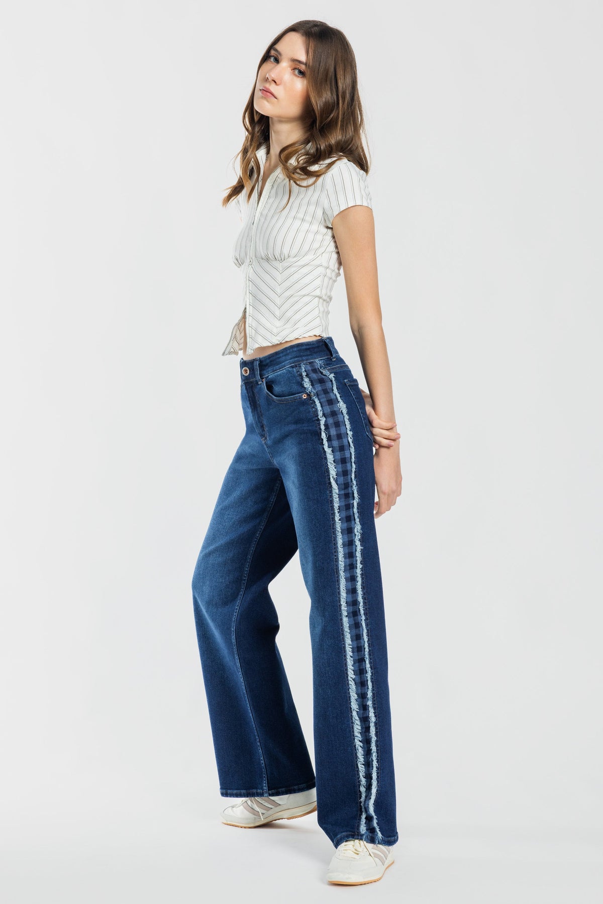 Mid Waist Relaxed Wide Leg Jeans with Side Checker Detail — additional view 3