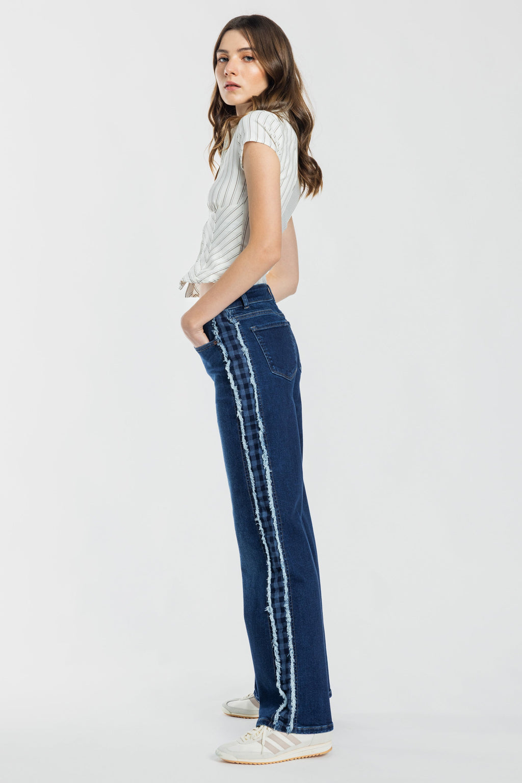 Mid Waist Relaxed Wide Leg Jeans with Side Checker Detail — additional view 5