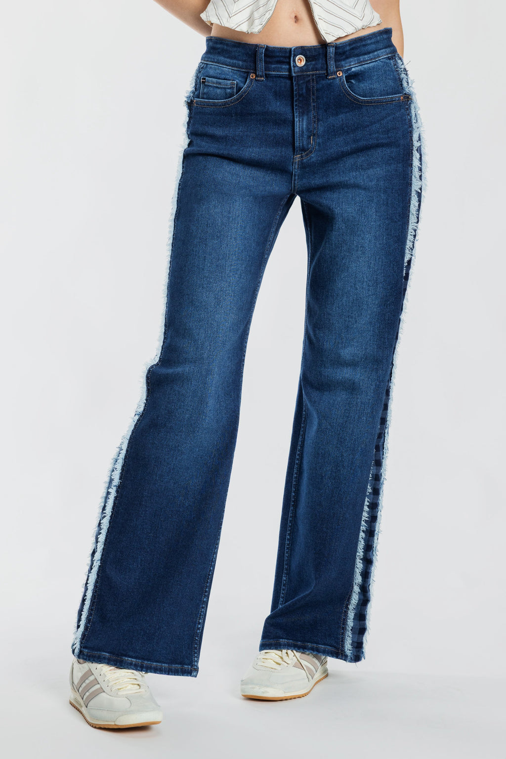 Mid Waist Relaxed Wide Leg Jeans with Side Checker Detail — additional view 2