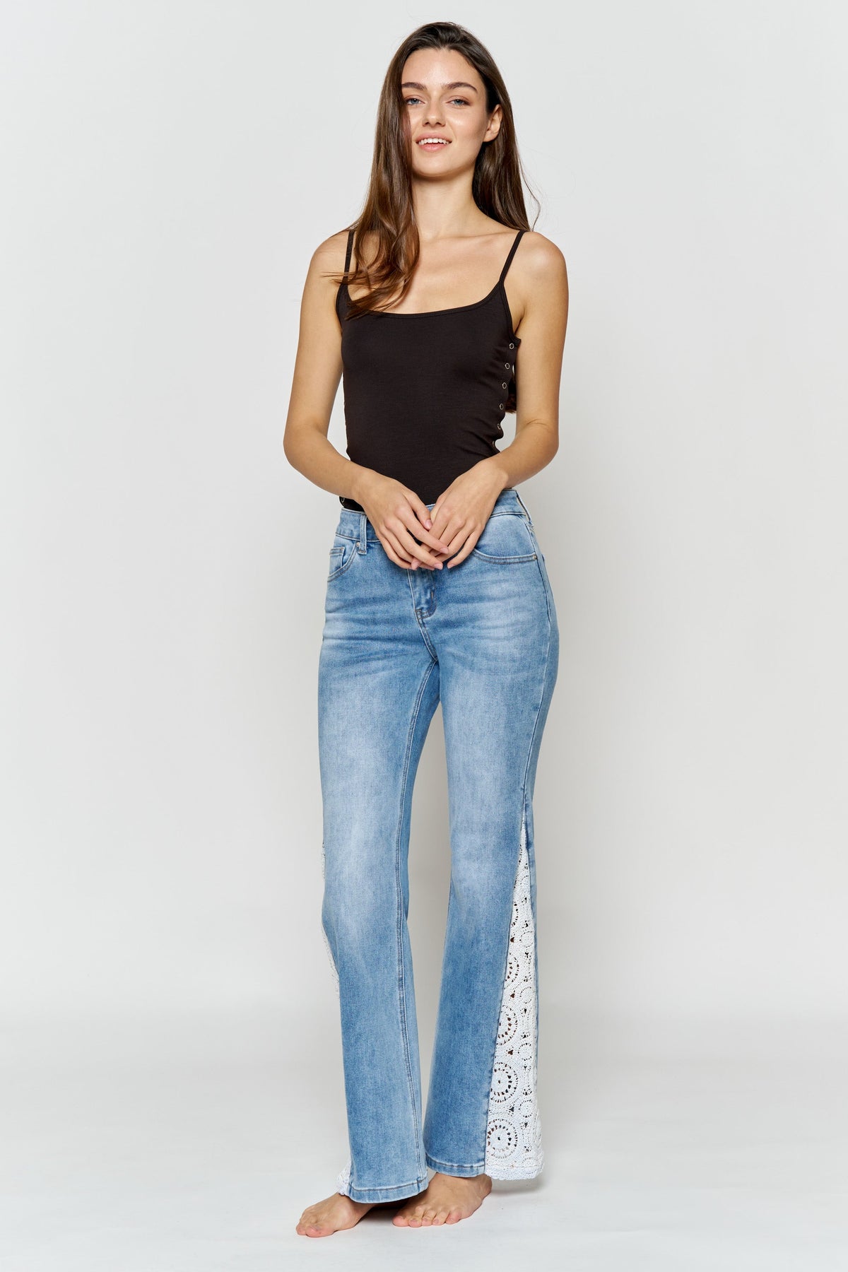 High Rise Wide Leg Jeans with Side Lace Crochet Detail — additional view 10