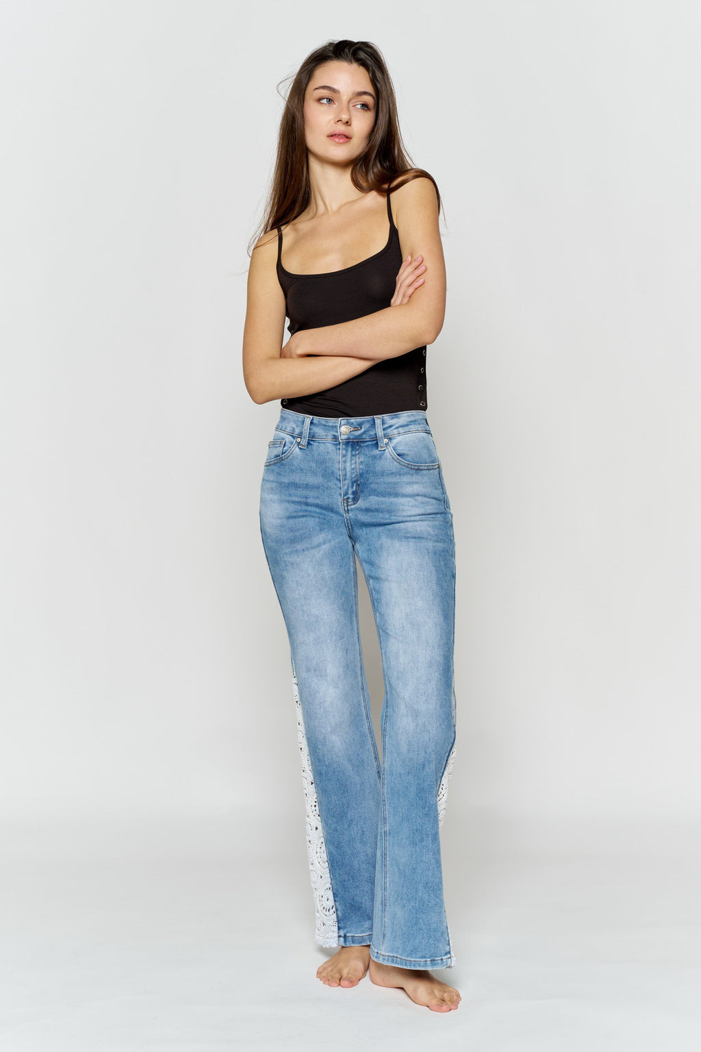 High Rise Wide Leg Jeans with Side Lace Crochet Detail — additional view 3