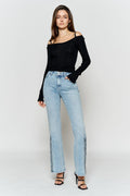 High Rise Slim Wide-Leg Jeans with Side Slit Rhinestone Detail