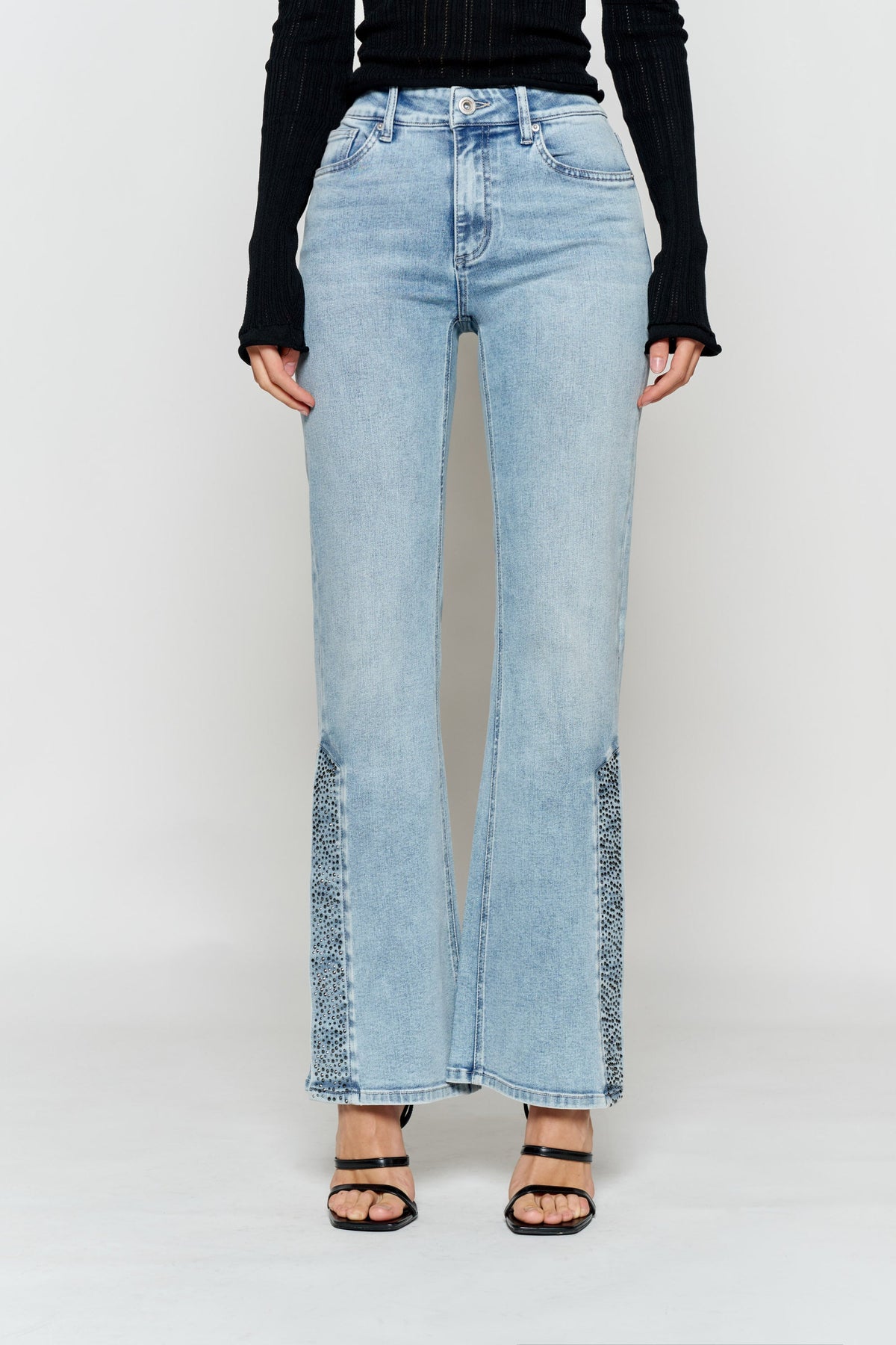 High Rise Slim Wide-Leg Jeans with Side Slit Rhinestone Detail — additional view 7