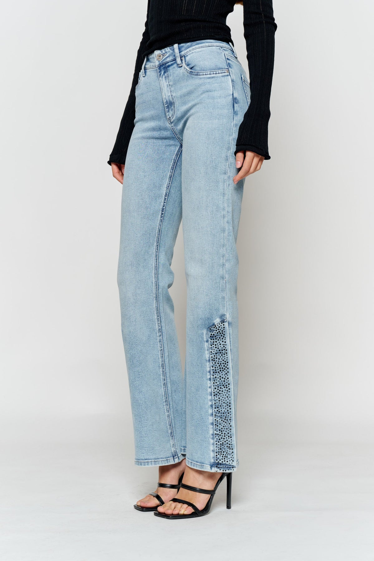 High Rise Slim Wide-Leg Jeans with Side Slit Rhinestone Detail — additional view 8