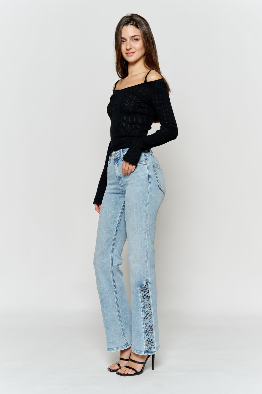 High Rise Slim Wide-Leg Jeans with Side Slit Rhinestone Detail — additional view 9