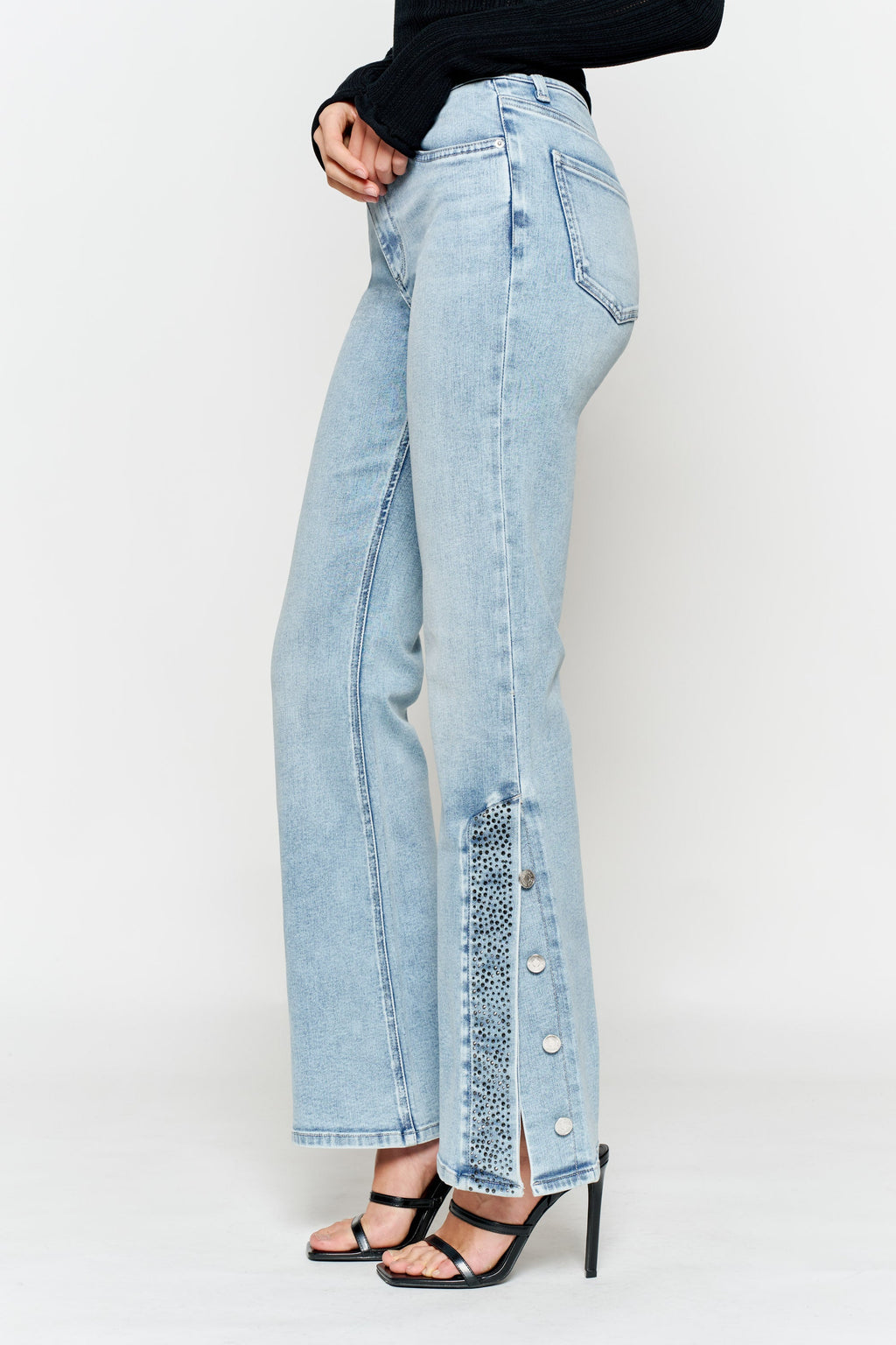 High Rise Slim Wide-Leg Jeans with Side Slit Rhinestone Detail — additional view 4