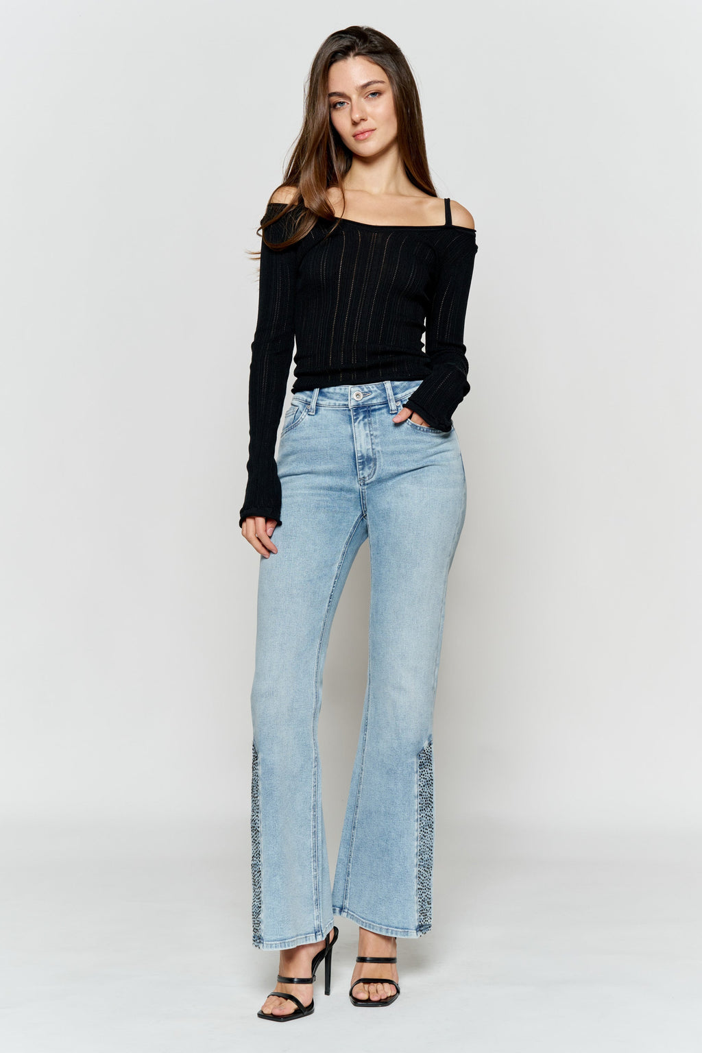 High Rise Slim Wide-Leg Jeans with Side Slit Rhinestone Detail — additional view 3