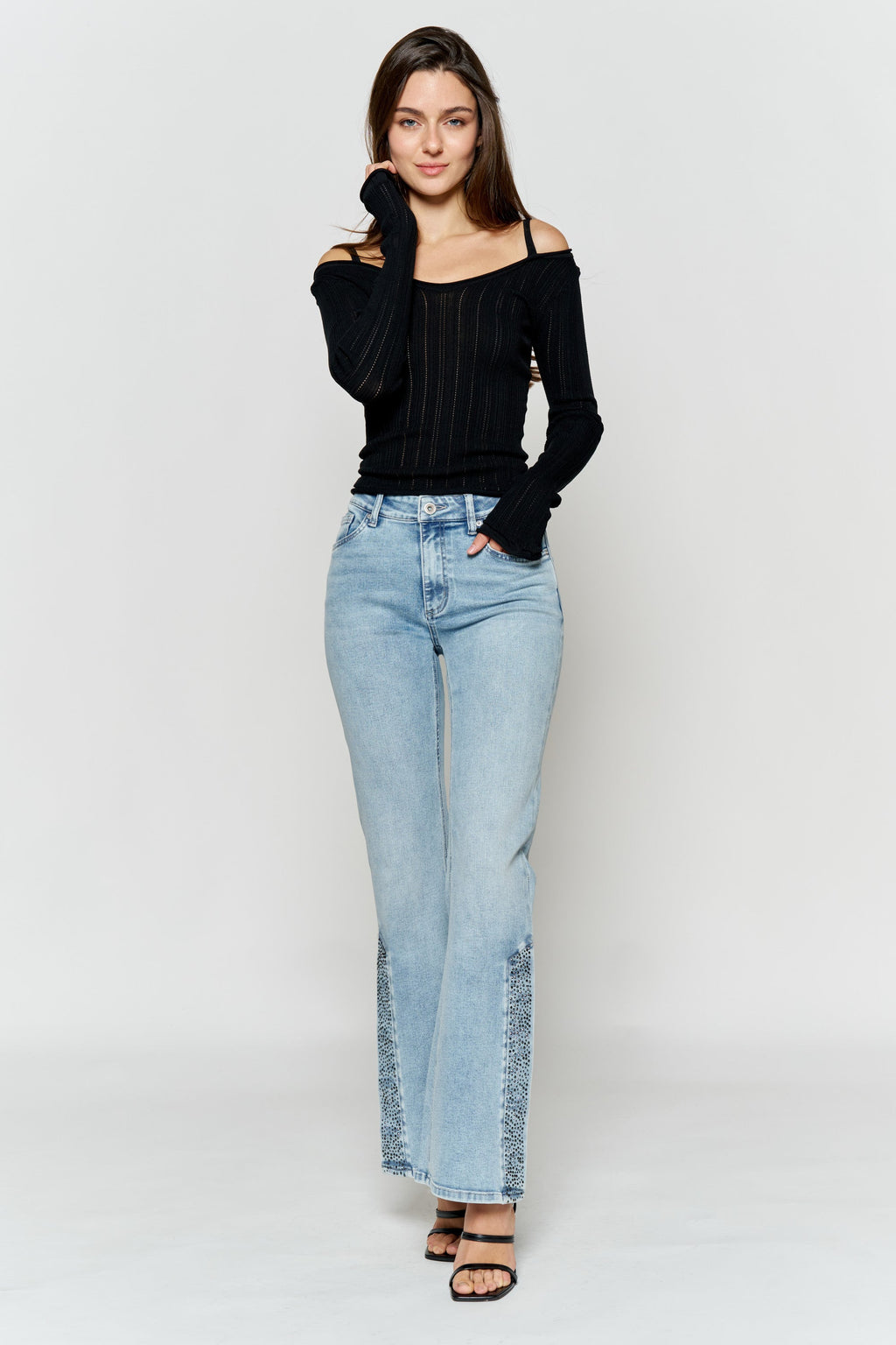 High Rise Slim Wide-Leg Jeans with Side Slit Rhinestone Detail — additional view 5