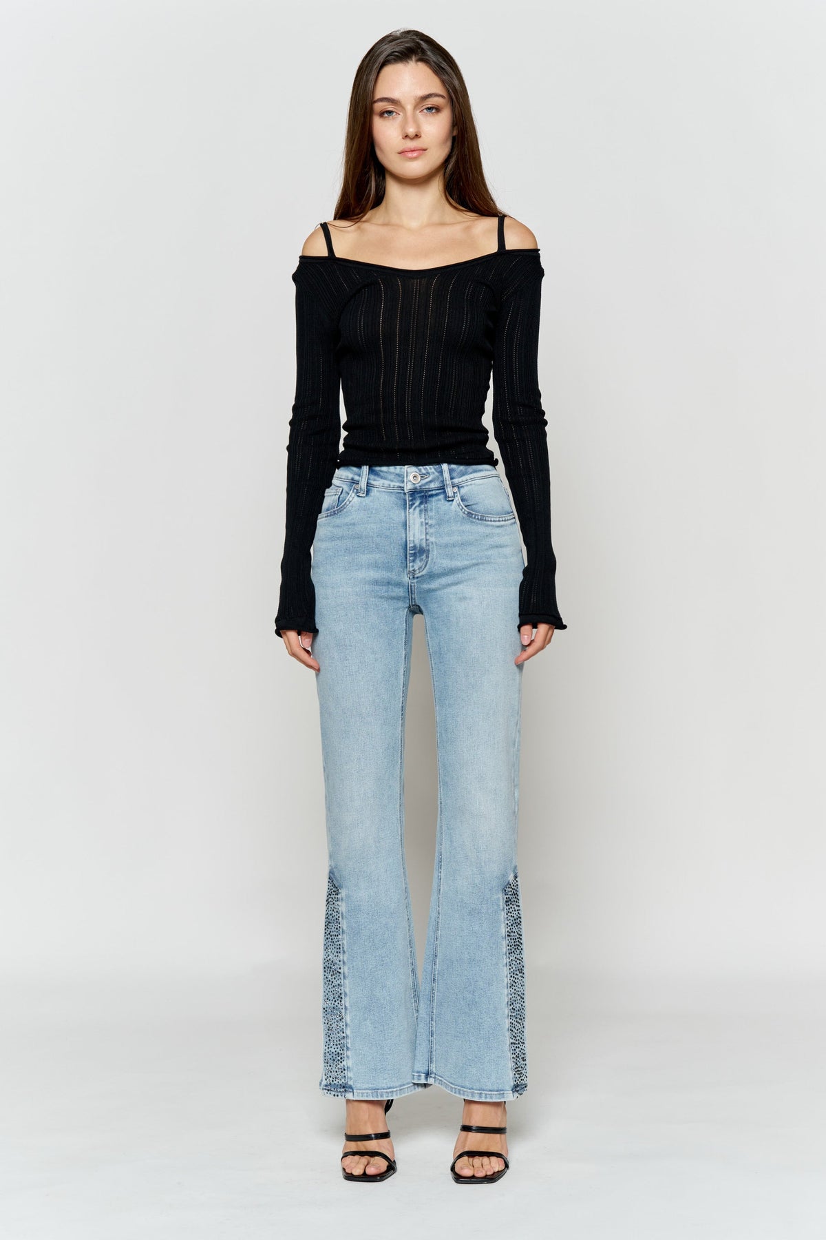 High Rise Slim Wide-Leg Jeans with Side Slit Rhinestone Detail — additional view 6