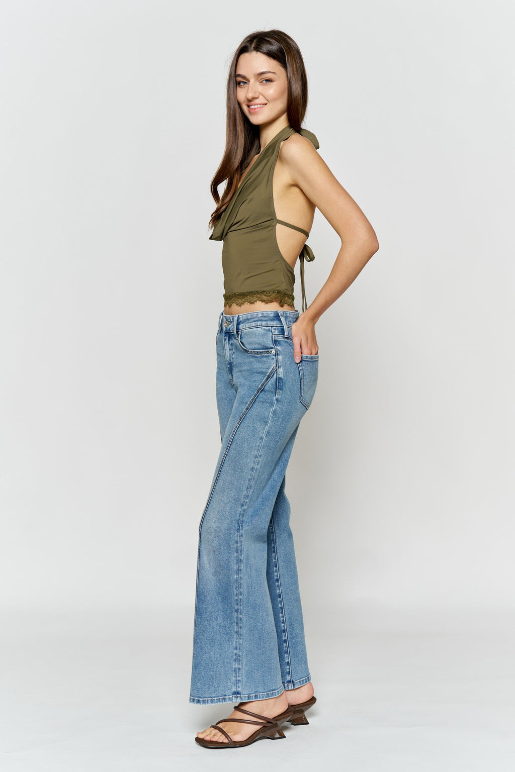 High Rise Wide Leg Jeans with Curved Seam and Rhinestone Details — additional view 6