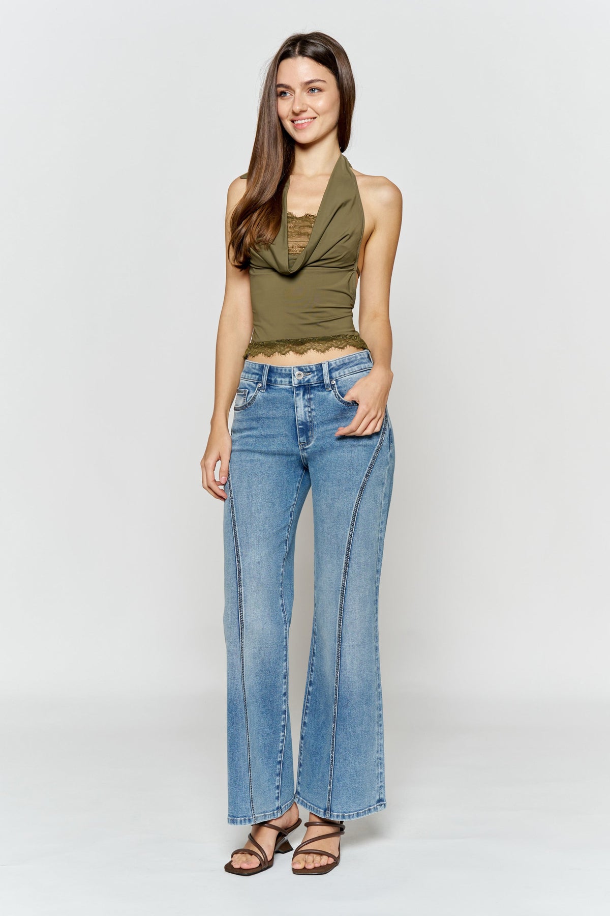 High Rise Wide Leg Jeans with Curved Seam and Rhinestone Details — additional view 10