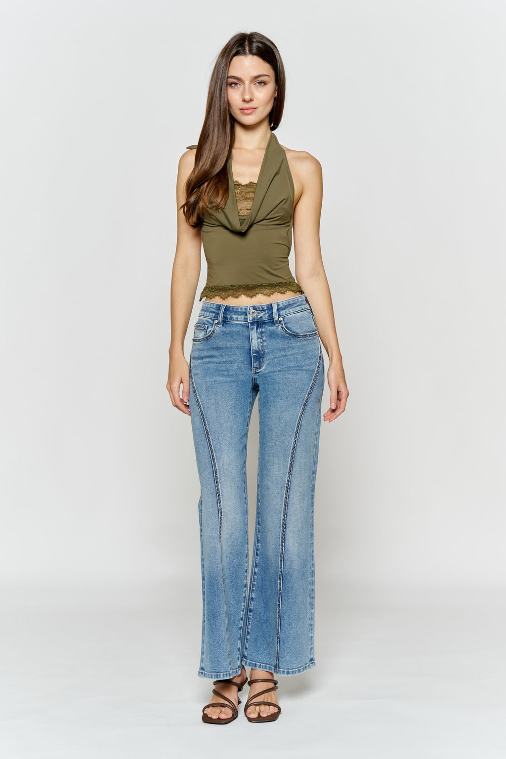 High Rise Wide Leg Jeans with Curved Seam and Rhinestone Details — additional view 5