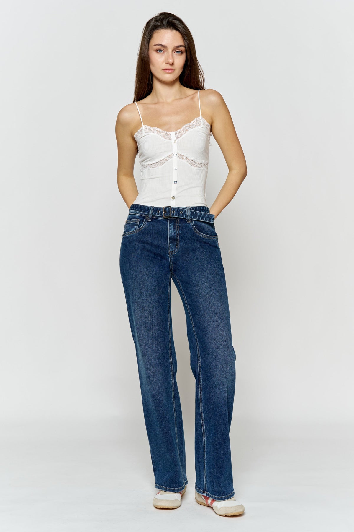 High-Rise Belted Baggy Jeans with Belt Closure