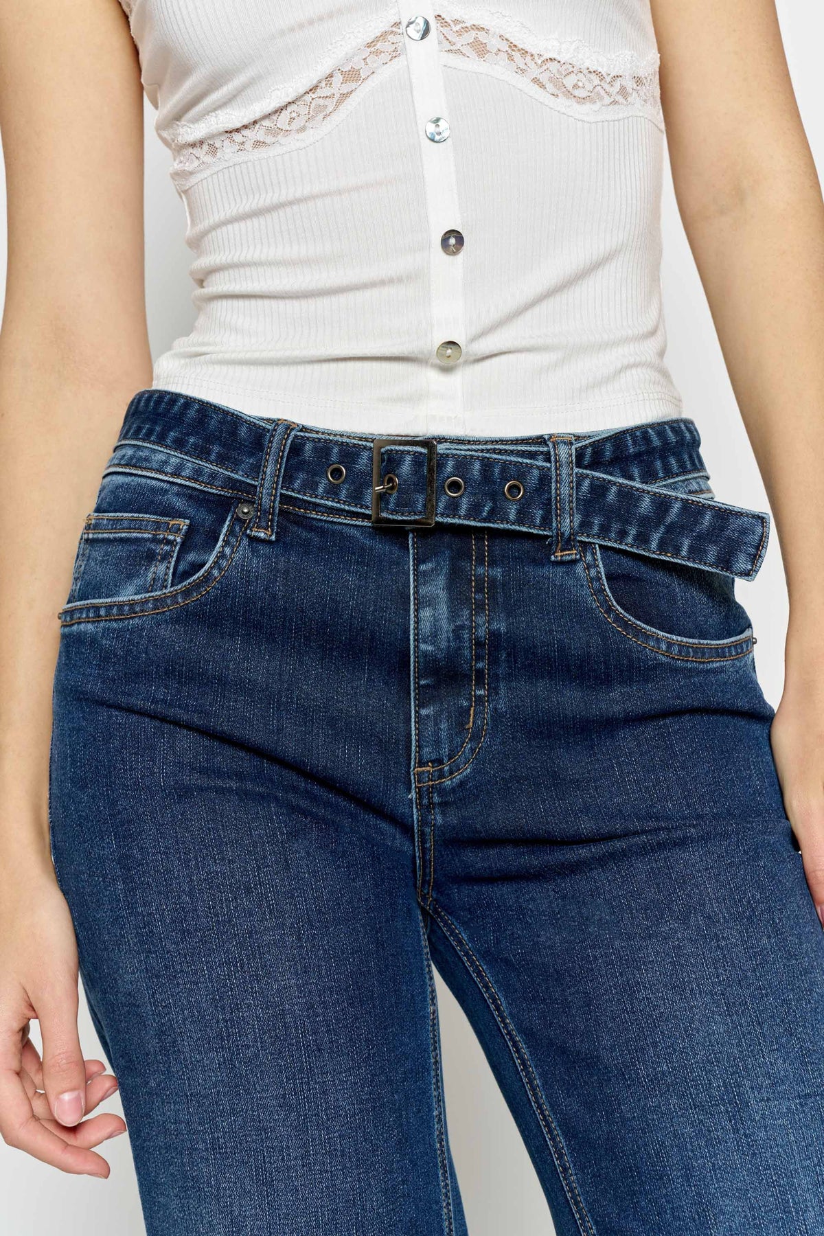 High Rise Belted Wide Leg Jeans with Buckle Closure — additional view 11