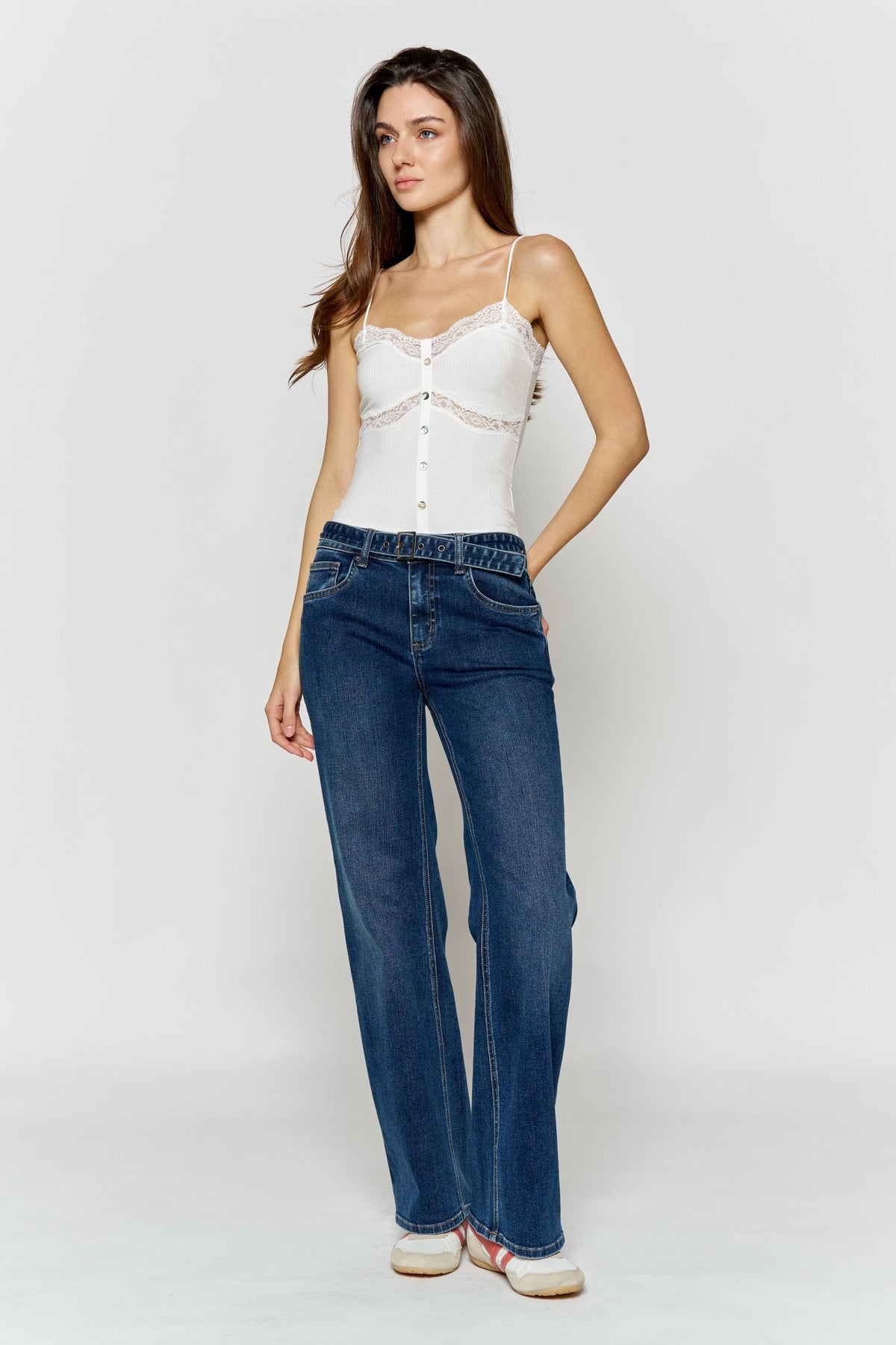 High-Rise Belted Baggy Jeans with Belt Closure