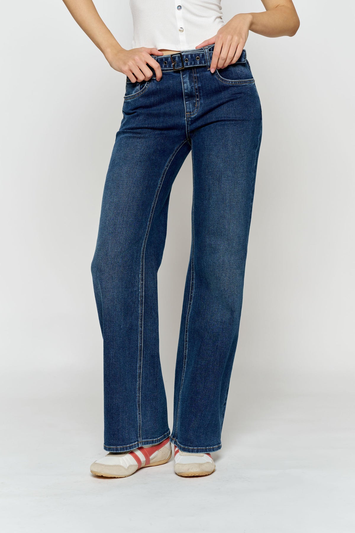 High-Rise Belted Baggy Jeans with Belt Closure