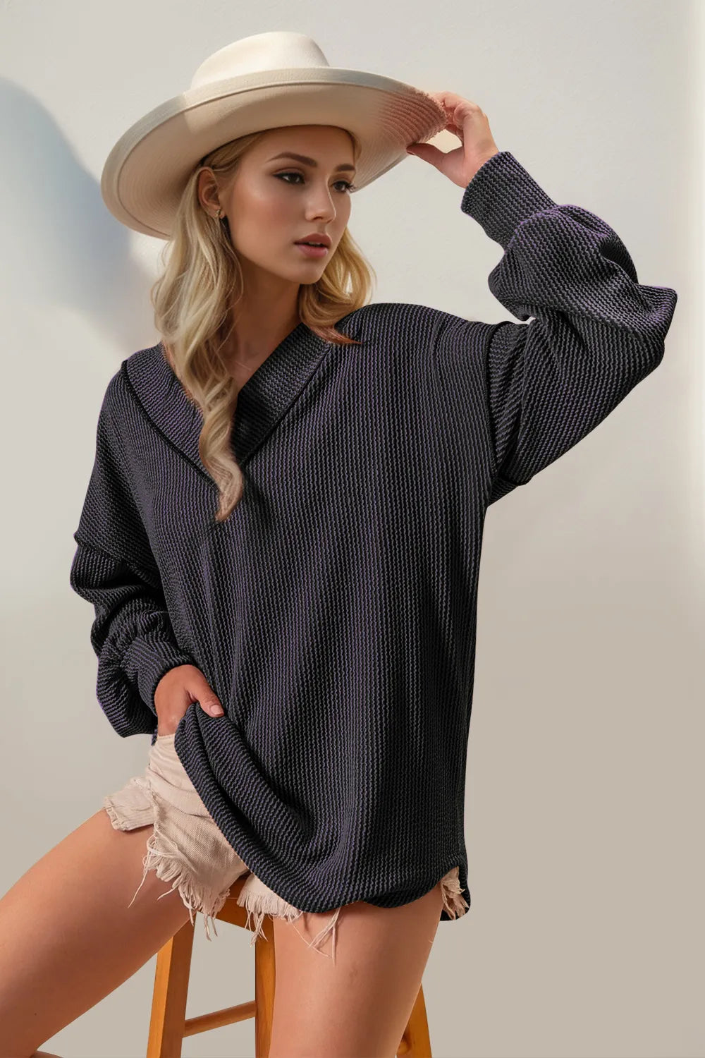 Exposed-Seam Ribbed V-Neck — additional view 6