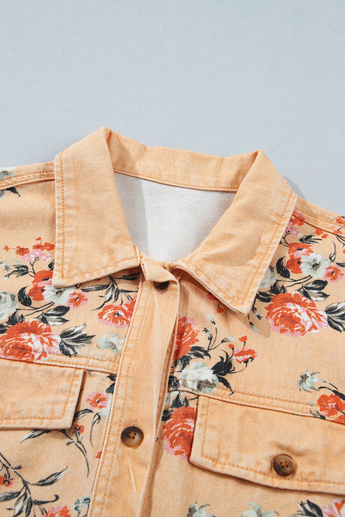 Floral Denim Buttoned Long Sleeve Tunic Jacket