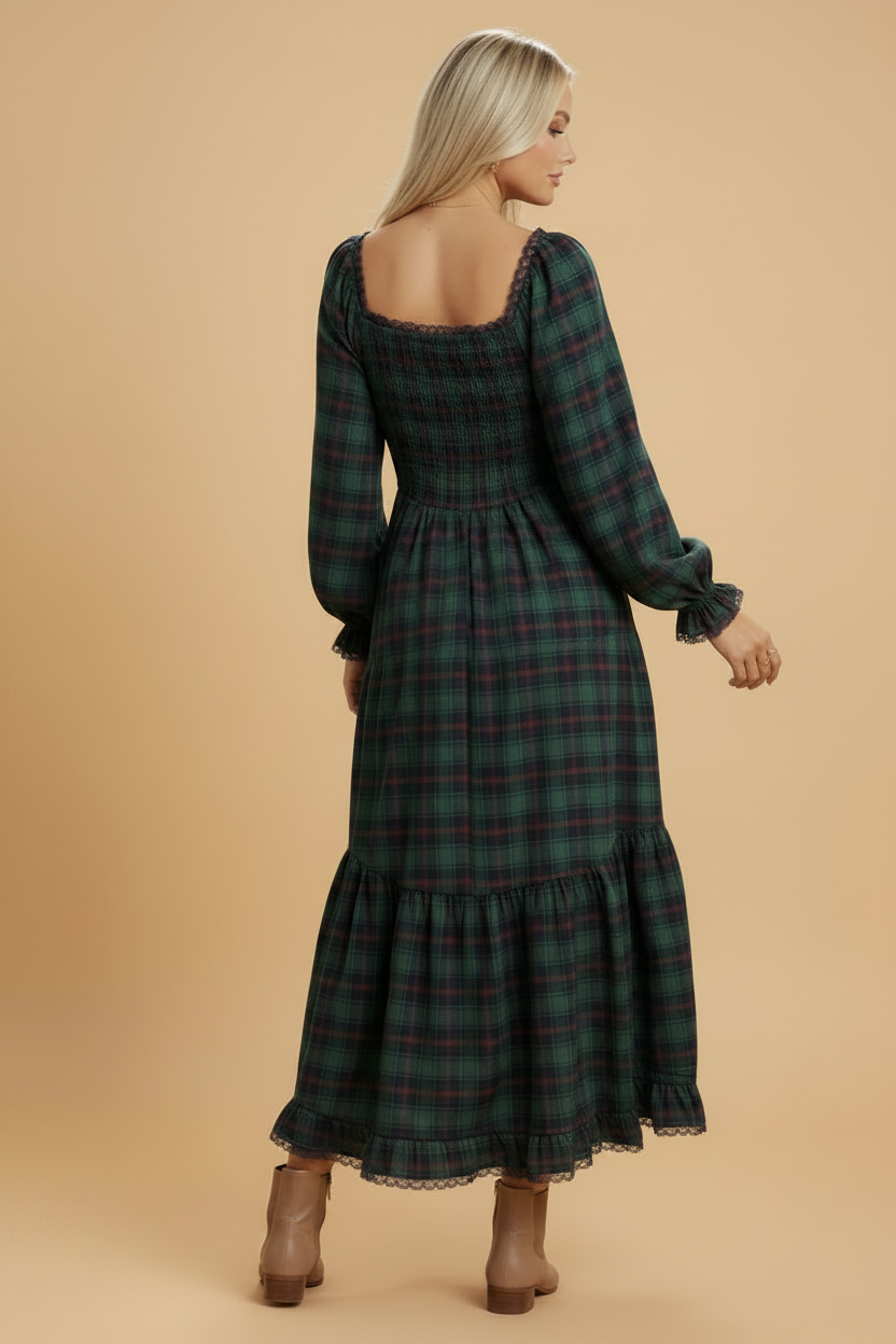 Plaid Lace Trim Long Sleeve Maxi Dress — additional view 2