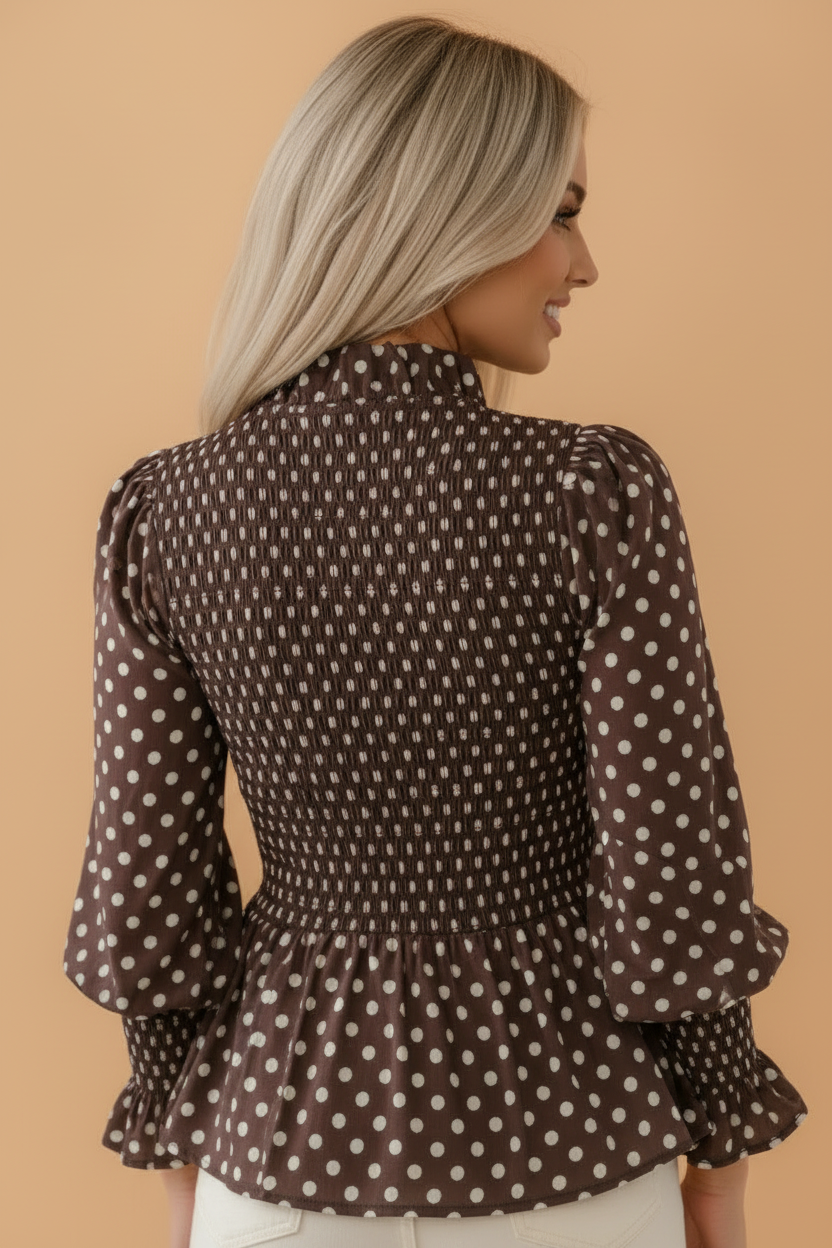 Polka Dot Shirred Ruffle Hem Long Sleeve Blouse — additional view 2