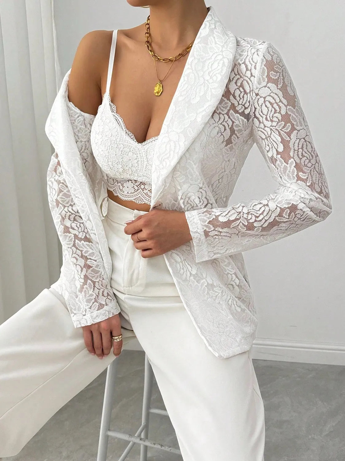 Sheer Lace Lapel Blazer